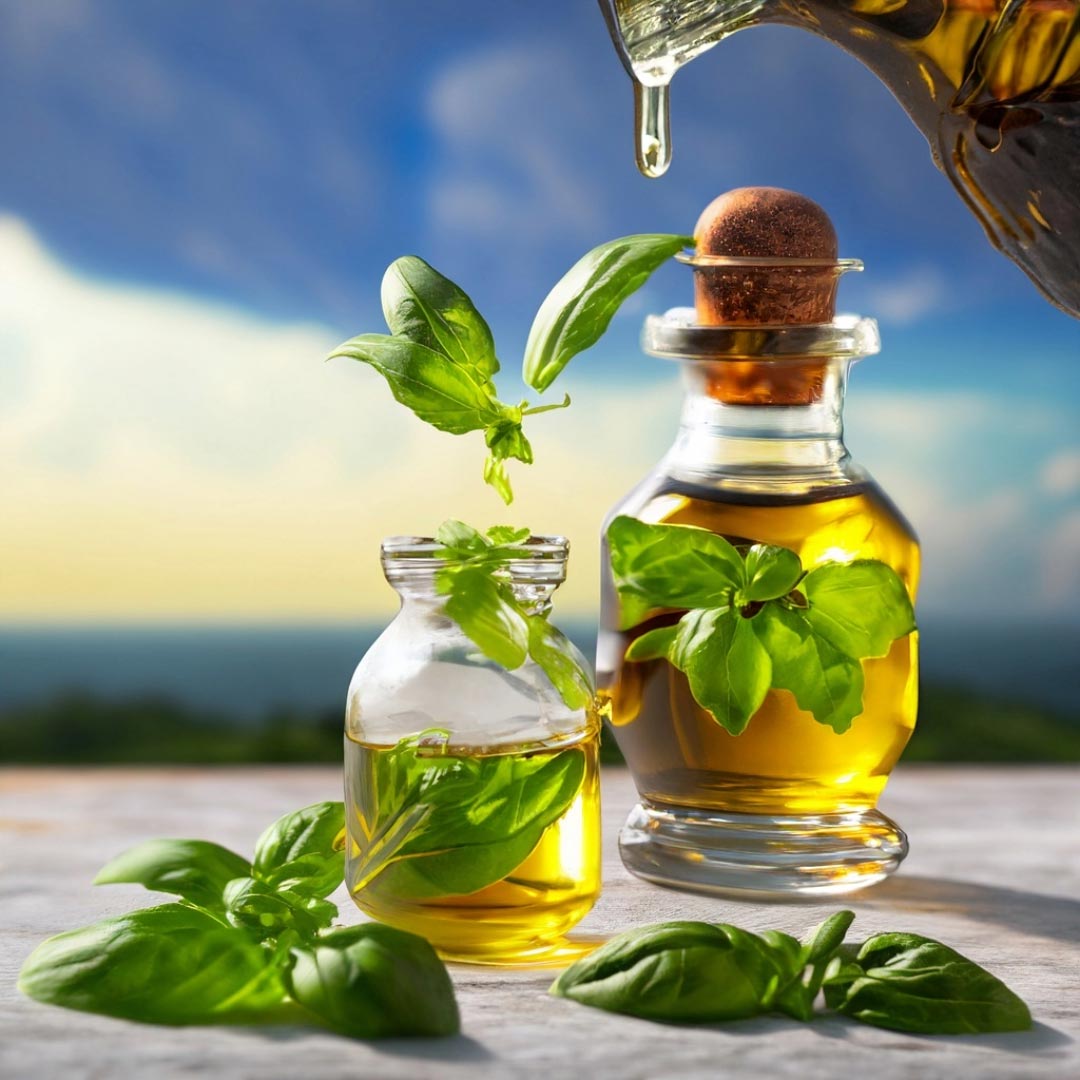 Image of basil oil being poured into small ornate glass jars with basil leaves scattered on the table with beautiful sky in the background.