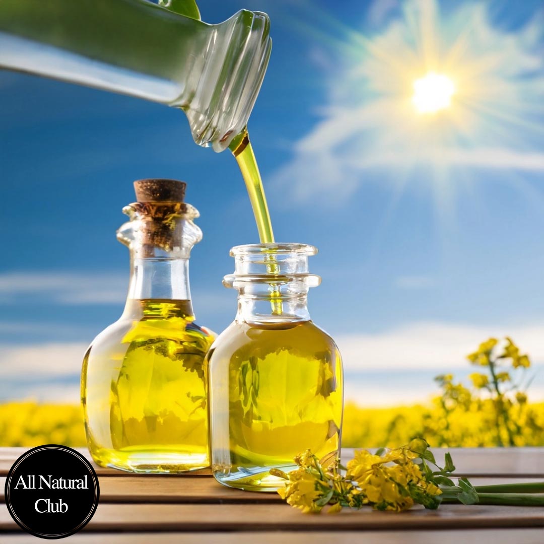 Image of canola oil being poured into small ornate glass jars with canola growing around the table and with beautiful sky in the background