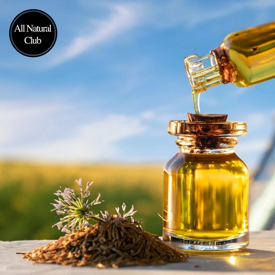 Image of caraway oil being poured into small ornate glass jars with caraway growing around and behind the table and with a beautiful sky in the background.