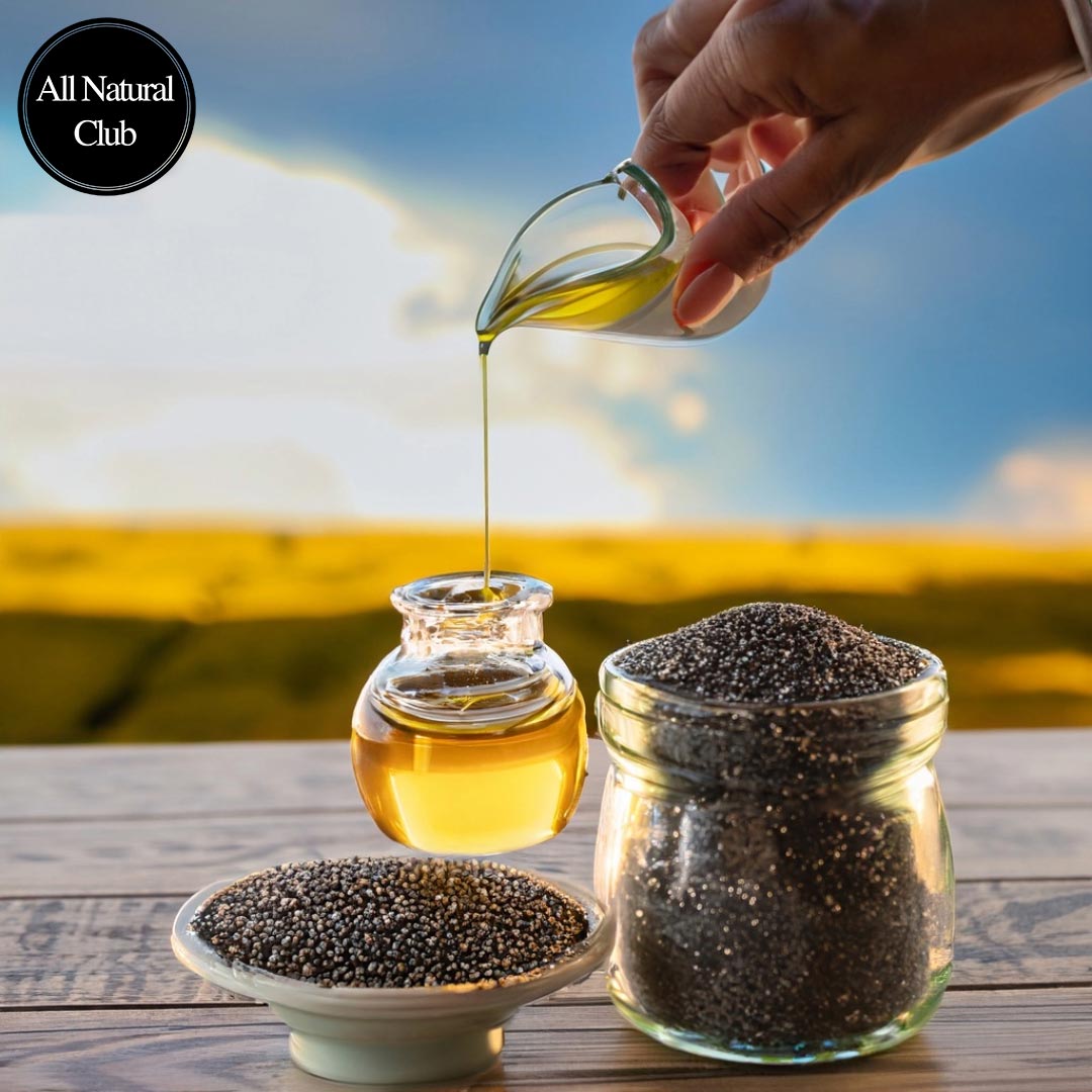Image of chia seed oil being poured into small ornate glass jars with chia seed in a bowl on the table and around the table. With a beautiful sky in the background