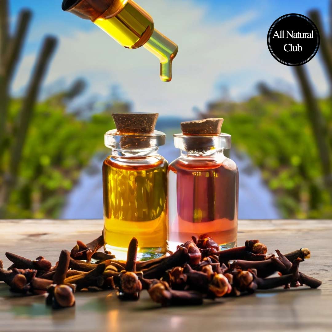 Image of clove oil being poured into small ornate glass jars with cloves around and behind the table. With beautiful sky and clove plants growing in the background.
