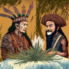 Native Mmerican medicine man and Chinese Medicine man surrounded by sage and sweetgrass artwork.