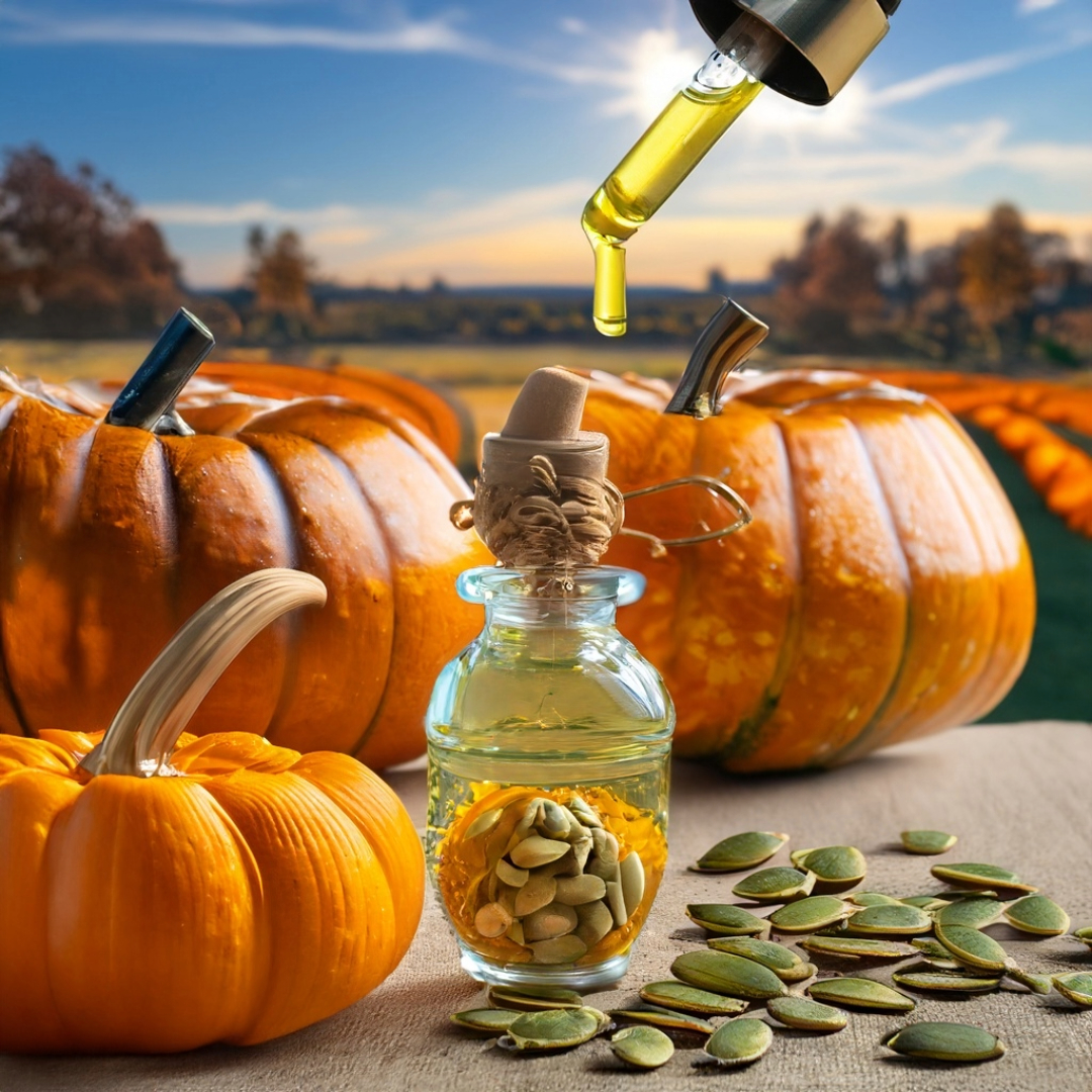 Image of pumpkin seed oil being poured into small ornate glass jars with pumpkin seeds and pumpkins around and behind the table and with beautiful sky and pumpkin patches growing in the background.