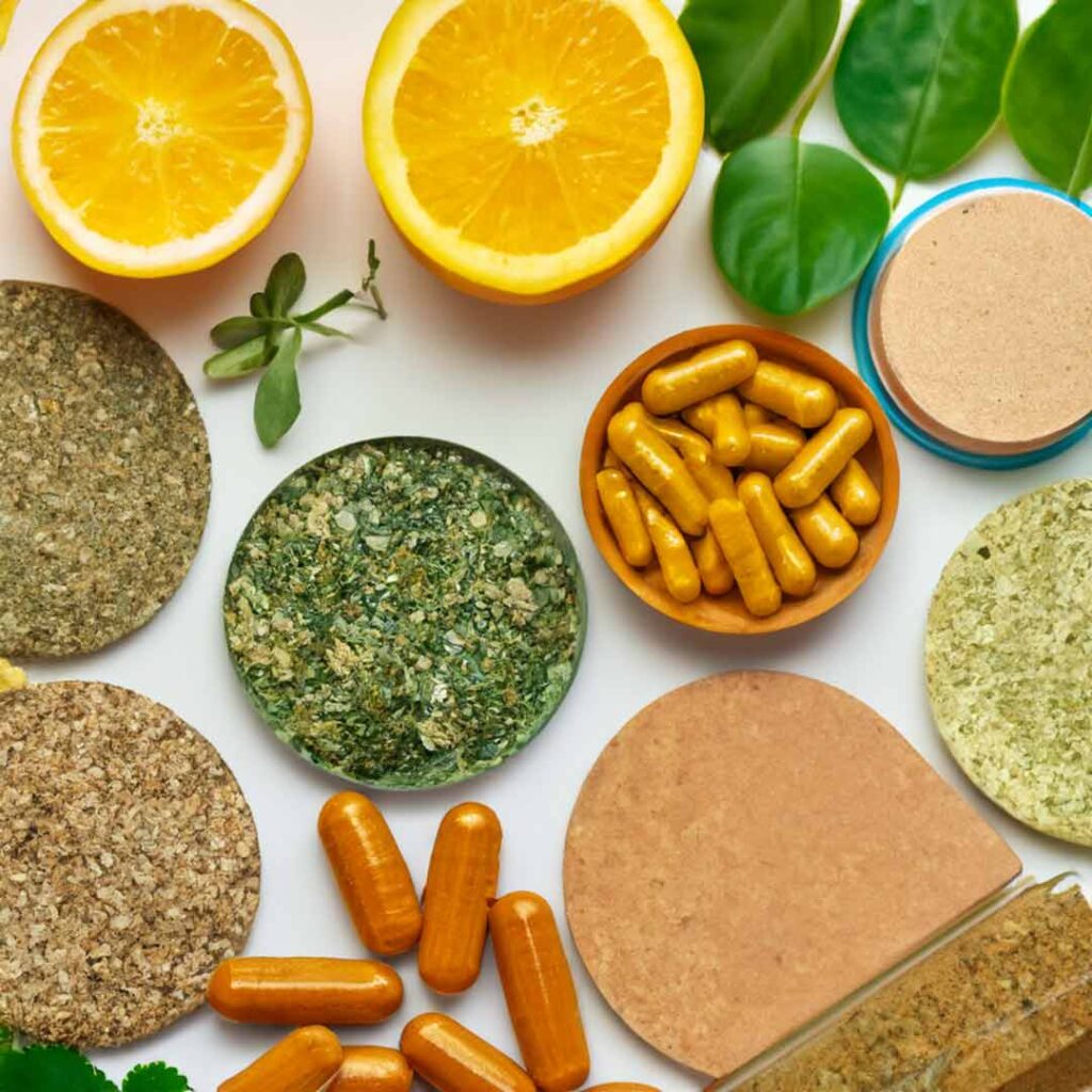 This image show all-natural supplements, herbal remedies, vitamins, and natural skincare and personal care products without synthetic chemicals.